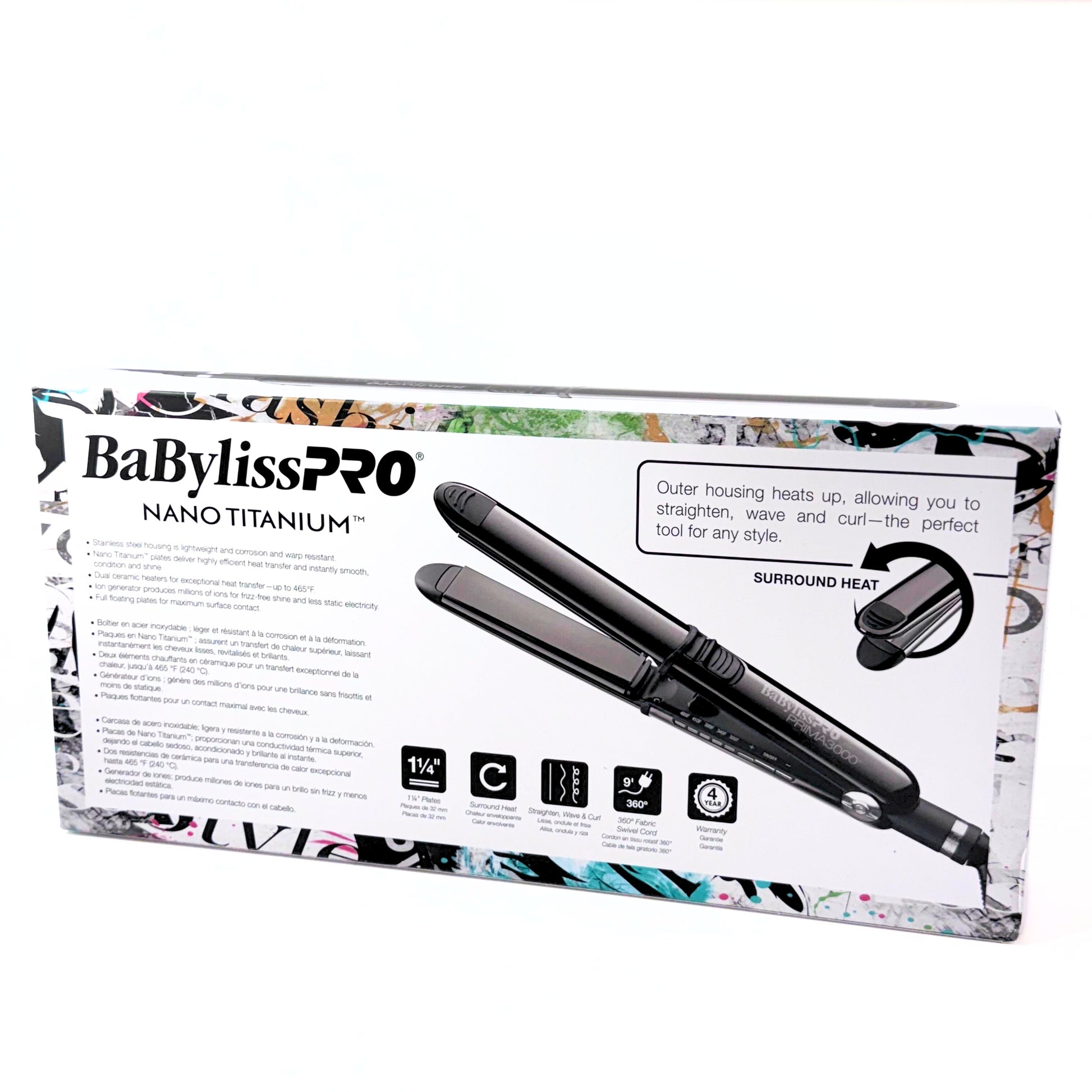 BaBylissPRO Prima 3000 Black Stainless Steel Flat Iron BNTBK3000TUC back of box