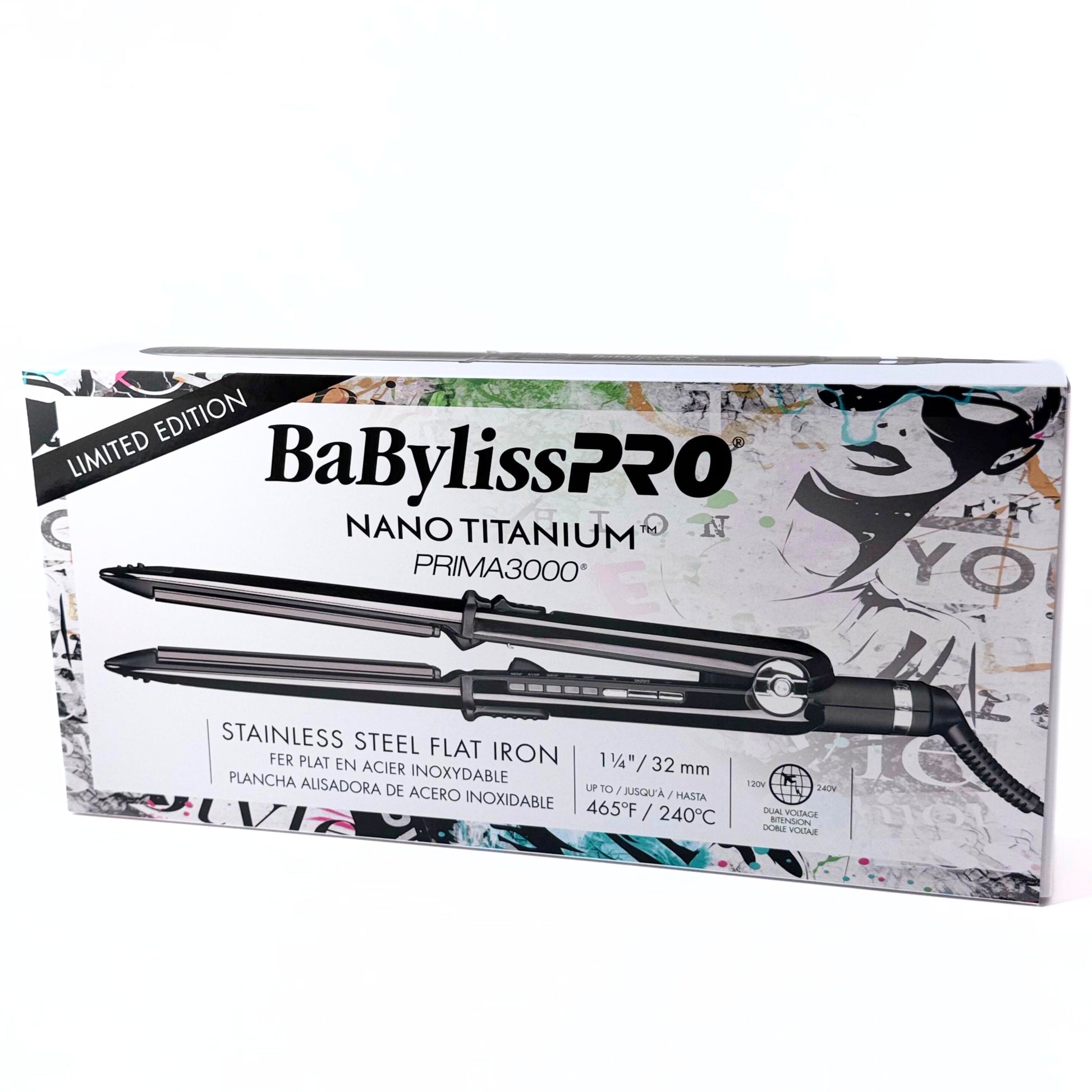 BaBylissPRO Prima 3000 Black Stainless Steel Flat Iron BNTBK3000TUC the front of box