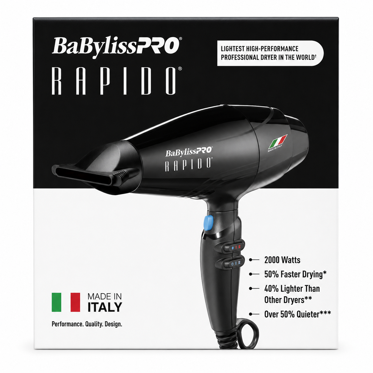BaBylissPRO RAPIDO Blow Dryer 2000 Watts Black BRAP1