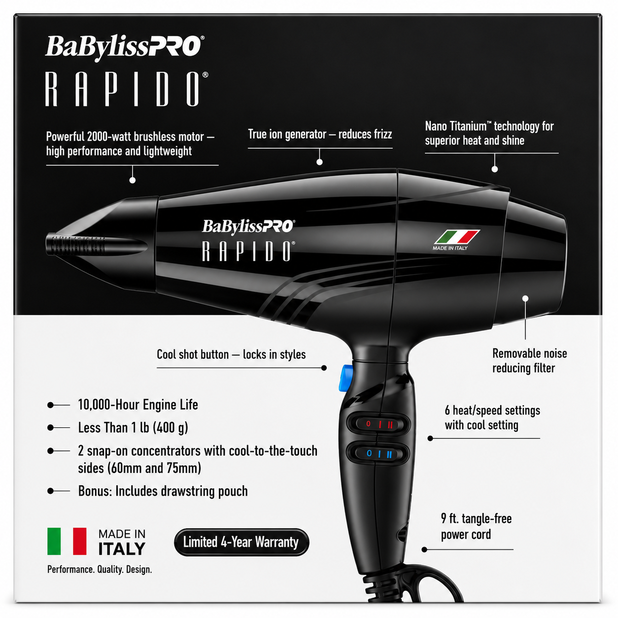 BaBylissPRO RAPIDO Blow Dryer 2000 Watts Black BRAP1
