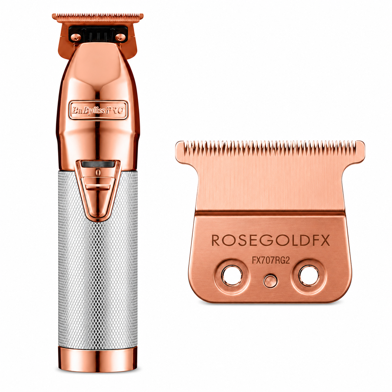 BaBylissPRO RoseFX+ Rose Gold Cordless Outlining Trimmer with Rose Gold Titanium 2.0mm Deep Tooth T-Blade Combo FX787NRG + FX707RG2