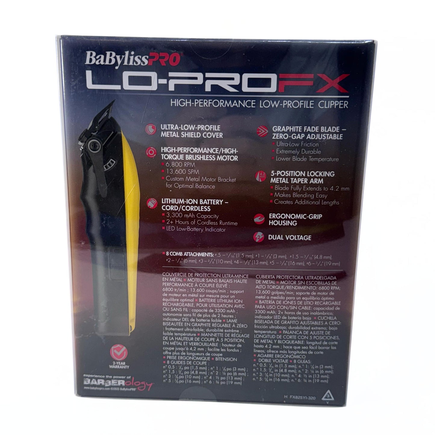 BaBylissPRO Yellow LO-PROFX Cordless Clipper FX825YI back of box