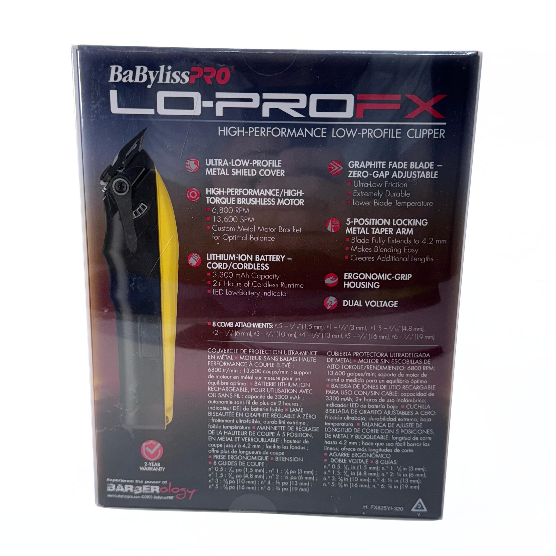 BaBylissPRO Yellow LO-PROFX Cordless Clipper FX825YI back of box