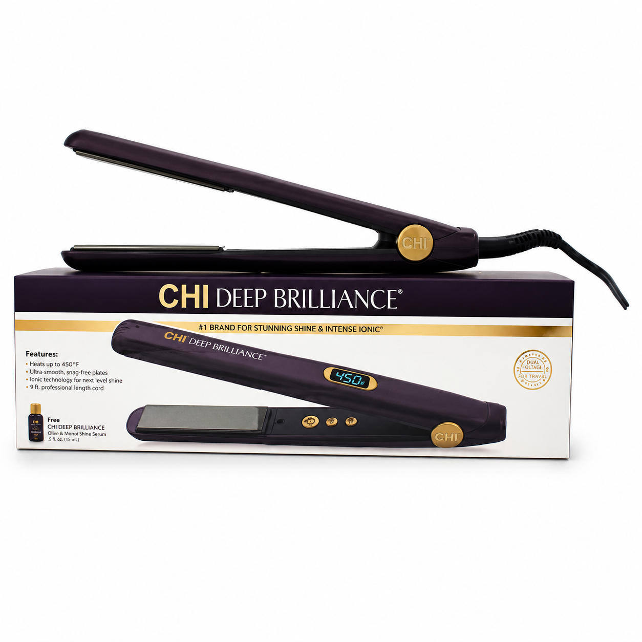 CHI Deep Brilliance 1″ Titanium Flat Iron GFDB12 – Fast-Heating Purple Styler with Free Serum