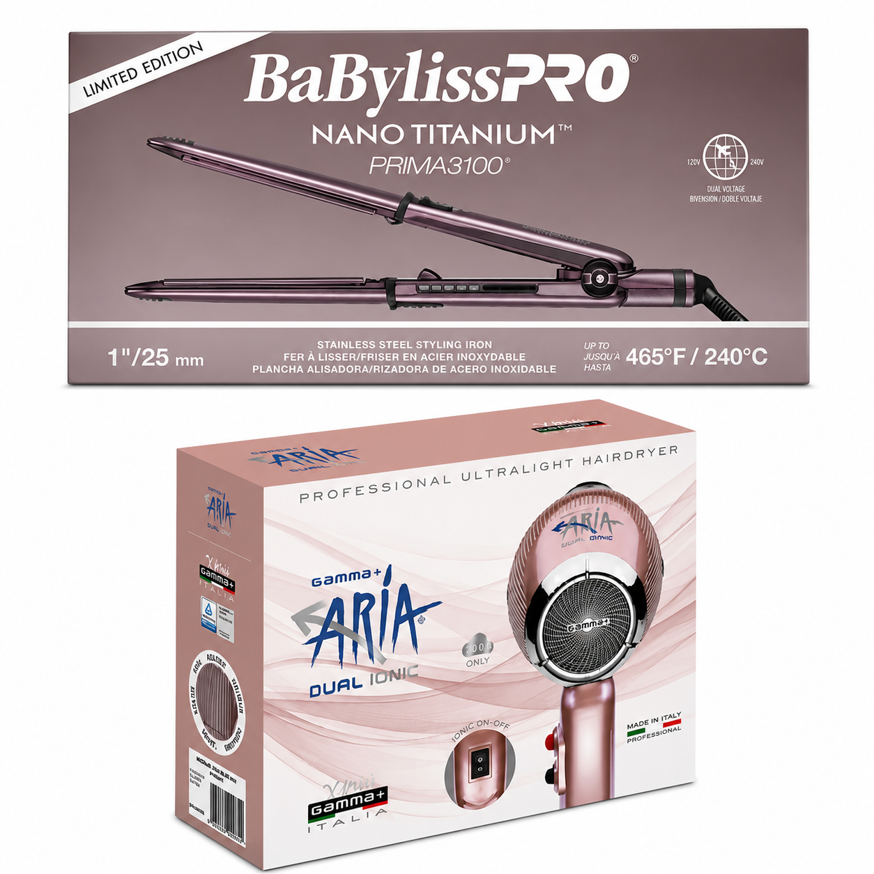 GAMMA+ Aria Dual Ionic Hair Dryer Rose Gold 1875W & BaBylissPRO Nano Titanium Prima 3100 Flat Iron BNTP3100TUC+GPADIRG