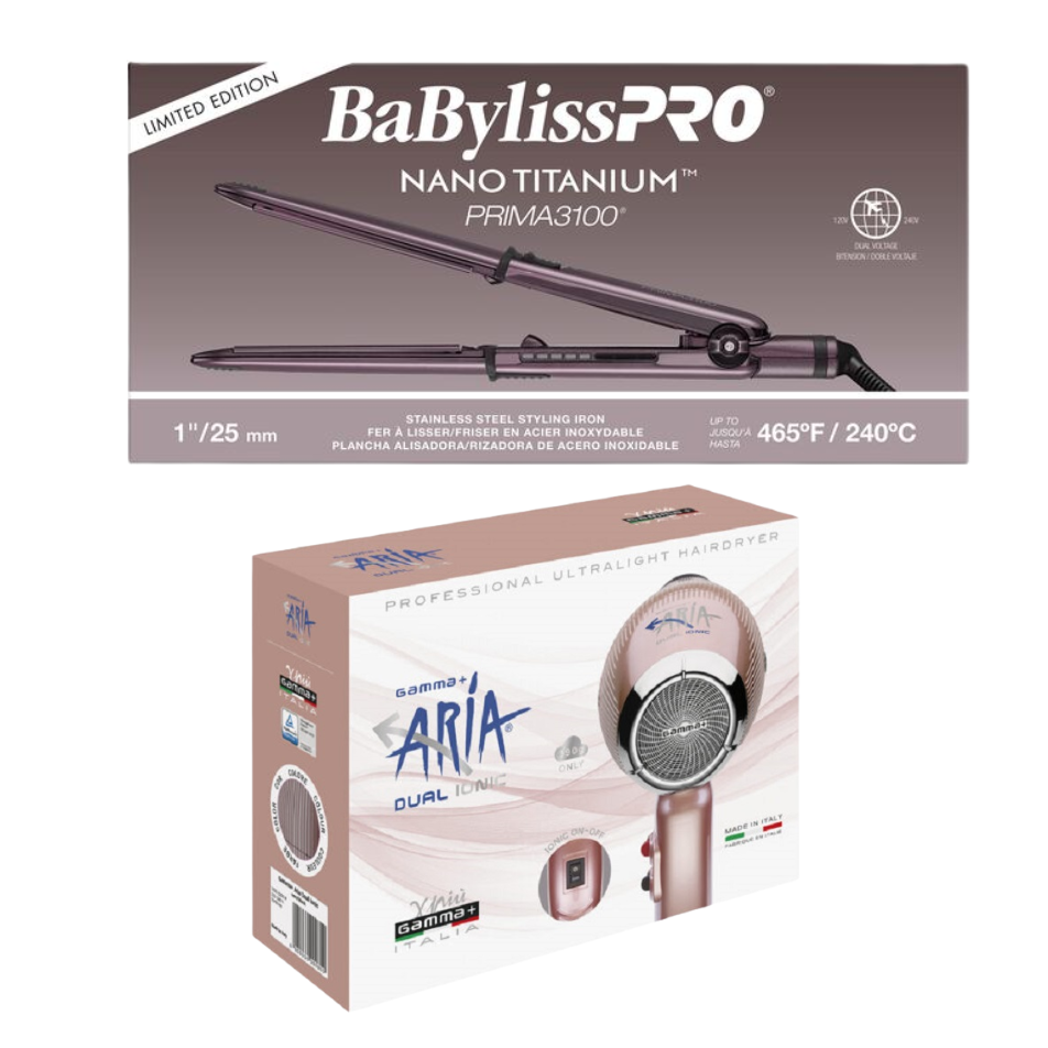 GAMMA+ Aria Dual Ionic Hair Dryer Rose Gold 2200W & BaBylissPRO Nano Titanium Prima 3100 Flat Iron BNTP3100TUC+GPADIRG