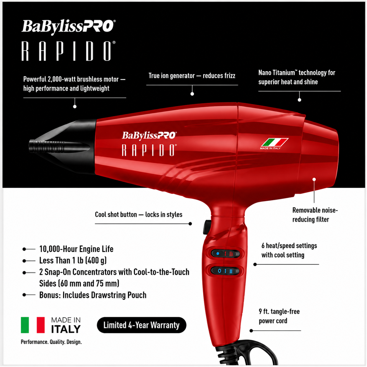 Red BaBylissPRO RAPIDO Blow Dryer 2000 Watts Professional Hair Dryer BRRAP1