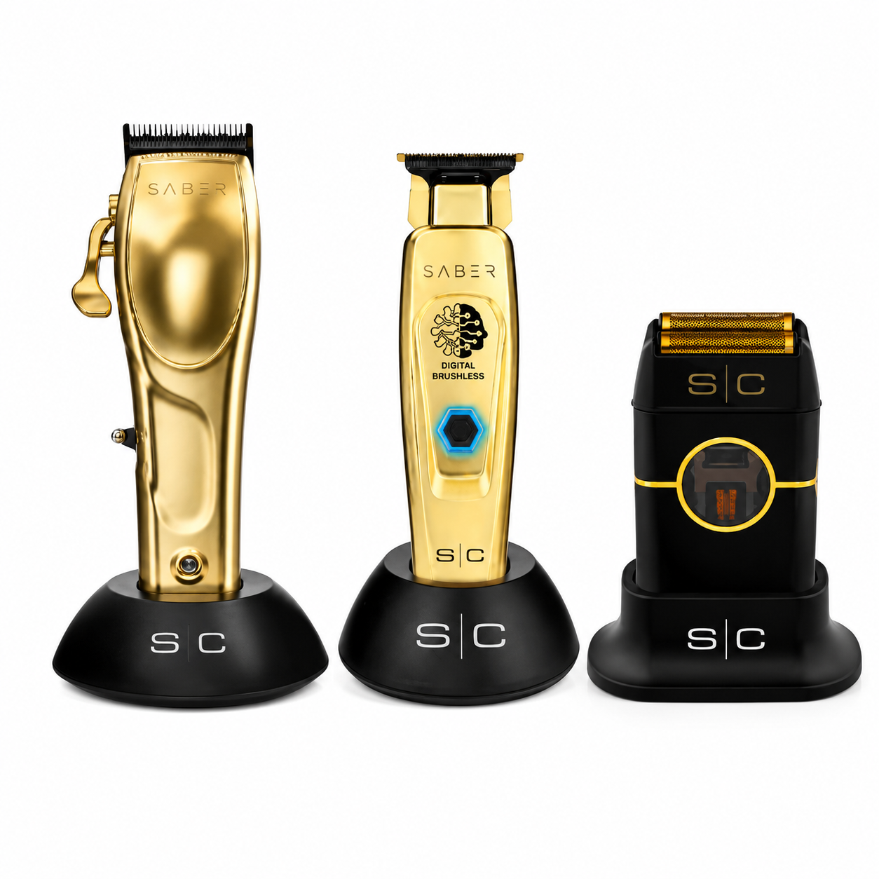 StyleCraft Gold Saber Clipper, Trimmer & Instinct Black Shaver Combo SC605G + SC405G + SC807B