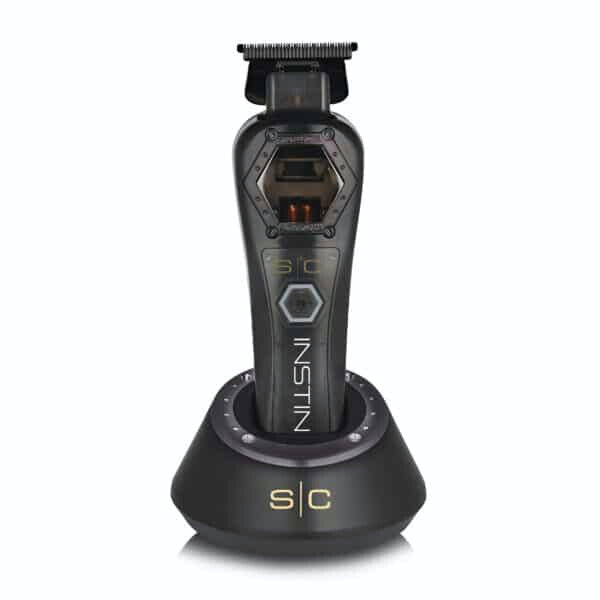 StyleCraft Instinct Metal Trimmer #SC410M – High-Torque Cordless Precision Trimmer black on stand