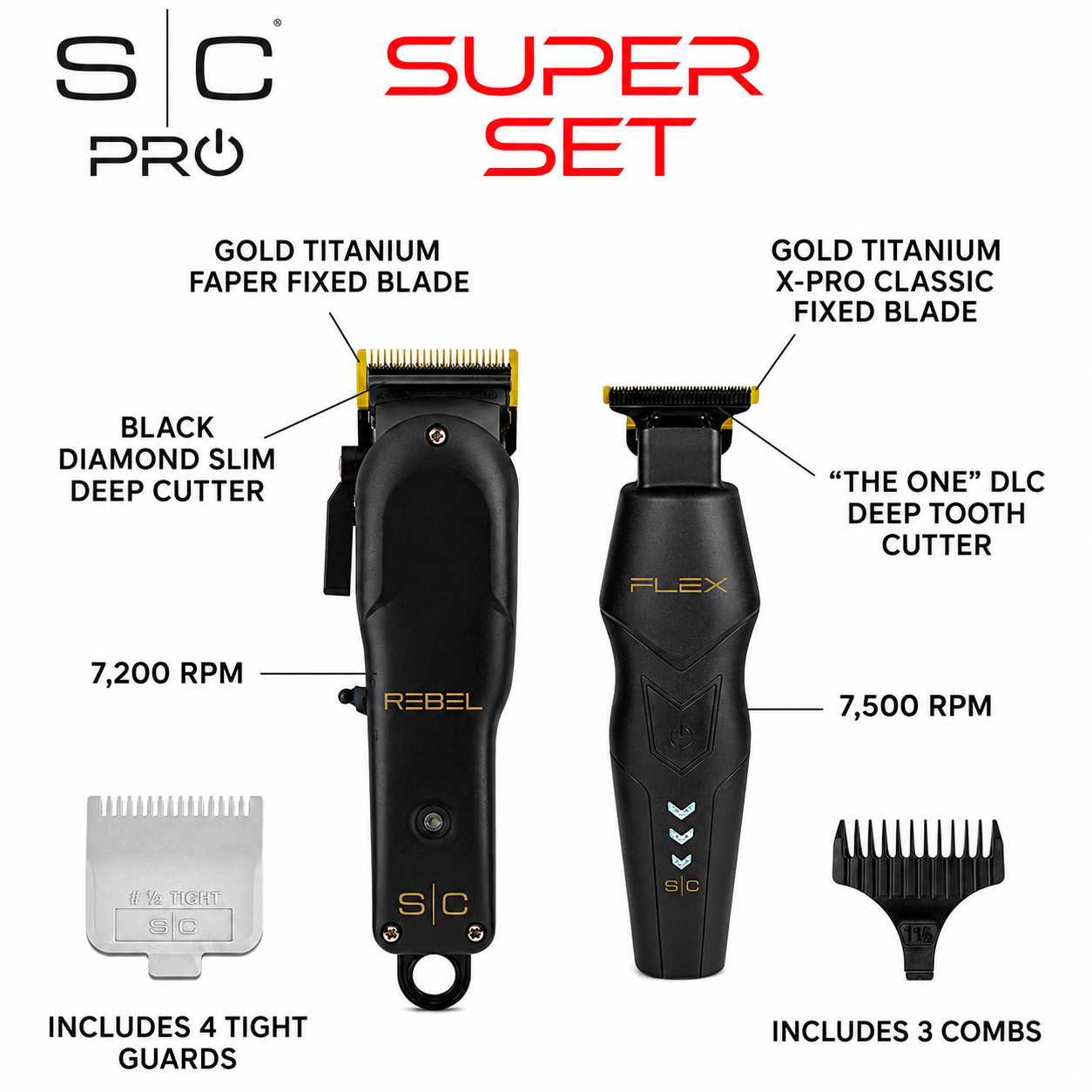 StyleCraft Pro Super Set Black Rebel Clipper & Flex Trimmer Premium Clipper SC326B