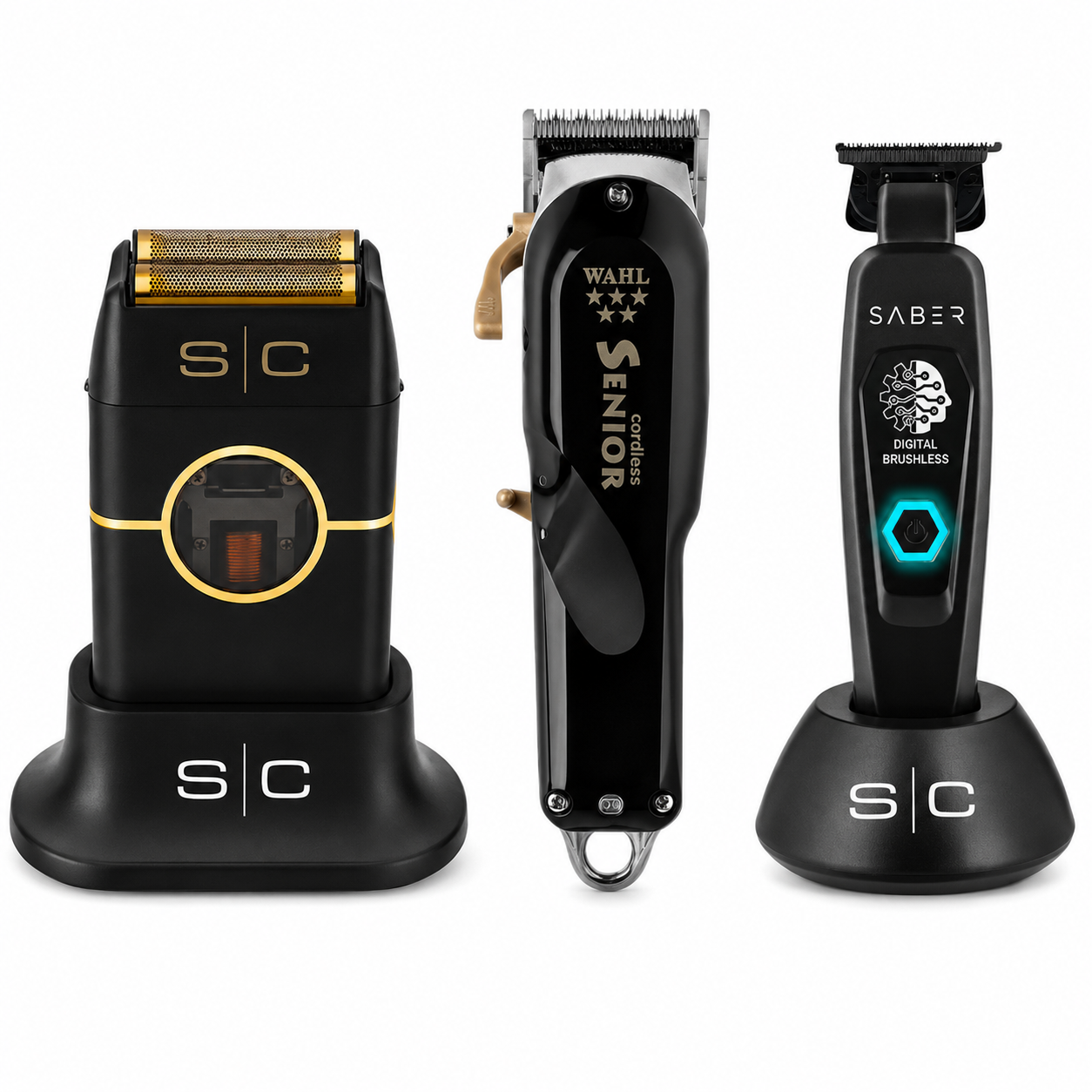 Wahl Cordless Senior Clipper + StyleCraft Black Saber Trimmer + StyleCraft Instinct Metal Double Foil Shaver SC807B+SC403B+8504-308